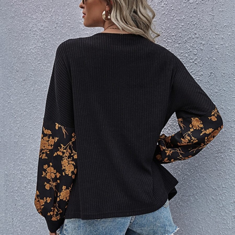 black floral print boho ribbed open front cardigan - Picture 6 of 7